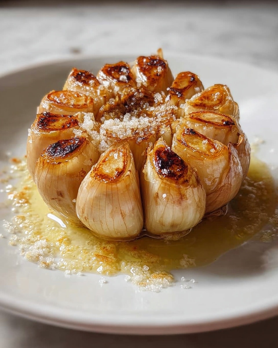 A roasted garlic bulb sits in the center of a white plate on a white marbled surface, with a soft golden-brown caramelized crust on top of each garlic clove, creating a round flower-like shape. The outer skin around the cloves is a pale creamy white with slight translucence and some charring, while the inside cloves show a glistening, smooth texture with a rich golden hue. A light drizzle of melted butter pools around the bulb’s base, adding a shiny, oily sheen, and coarse granules of salt are scattered over the top, enhancing the crispy roasted appearance. photo taken with an iphone --ar 4:5 --v 7