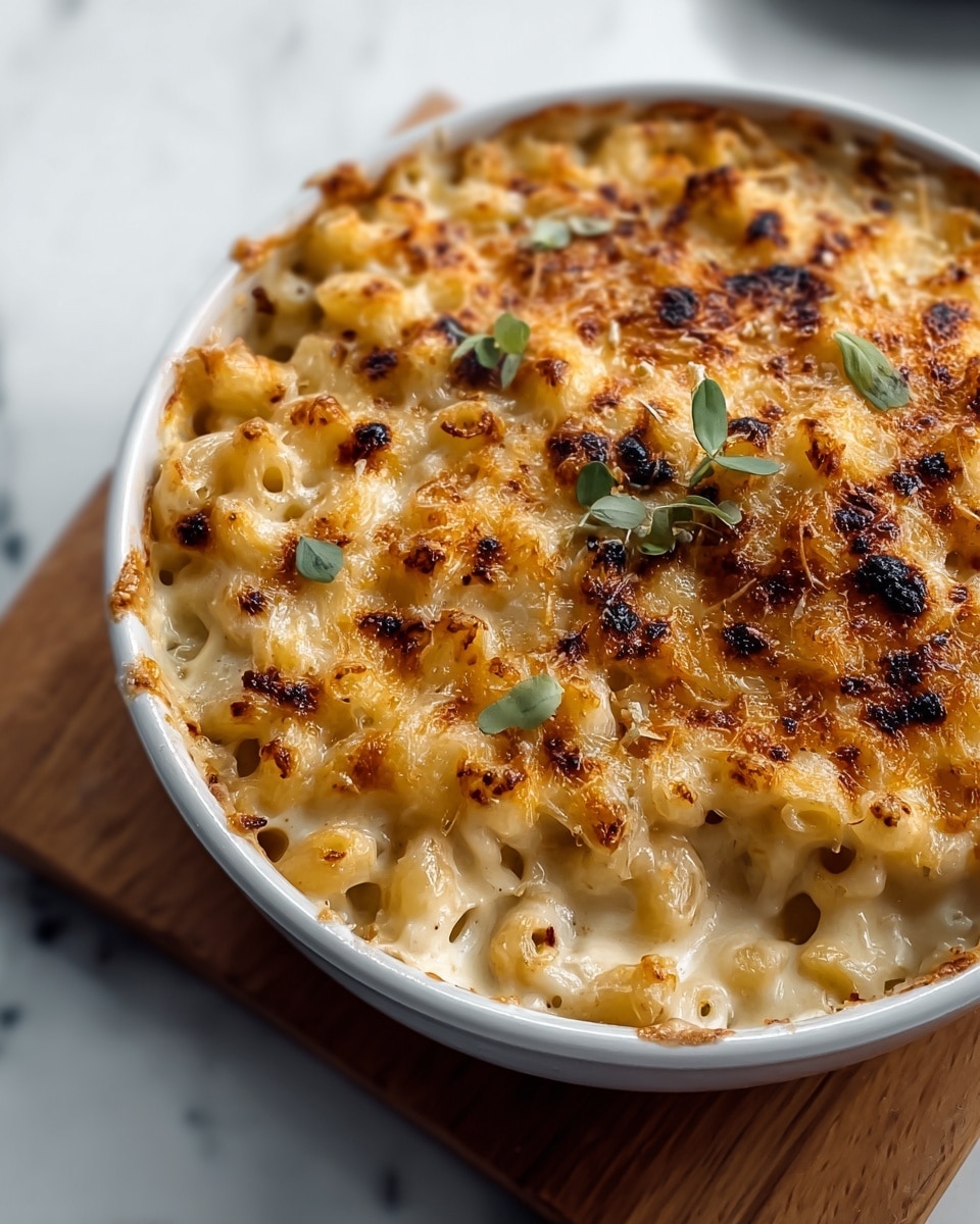 A white bowl filled with baked macaroni and cheese is placed on a round wooden board. The dish has a creamy, light yellow layer of melted cheese wrapped around small pasta elbows, topped with a golden-brown crust of toasted cheese and breadcrumbs. There are small green leaves scattered on the surface as garnish. The edges of the cheese are slightly browned and bubbly, showing a mix of smooth melted cheese and crunchy bits on top. The bowl sits on a white marbled surface with soft lighting highlighting the texture of the cheese and pasta. photo taken with an iphone --ar 4:5 --v 7