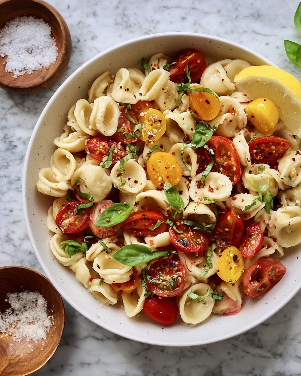 A white bowl filled with two main layers: the base is pale cream-colored orecchiette pasta, shaped like small ears with a smooth texture, and the top layer consists of bright red and orange halved cherry tomatoes mixed with small fresh green basil leaves scattered all over. The pasta is drizzled with golden olive oil and sprinkled with black pepper and red chili flakes. A lemon wedge rests on the right edge of the bowl. The bowl is on a white marbled surface, with a wooden bowl of salt and a crumpled light blue cloth in the background. Photo taken with an iphone --ar 4:5 --v 7