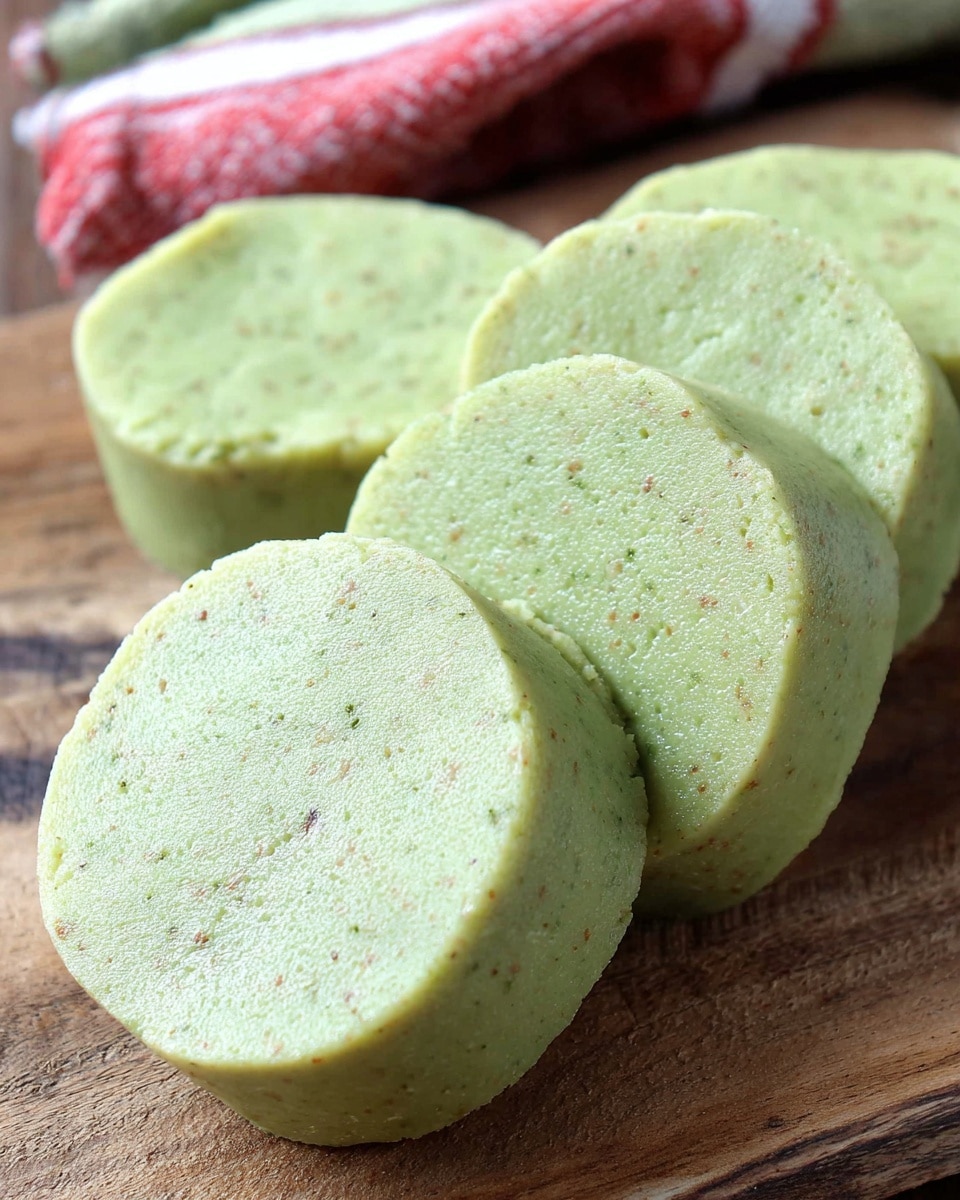 The image shows five thick slices of a smooth, pale green food item with a slightly rough texture, resting on a wooden surface. Each slice is rounded with soft edges, and small specks are visible inside, suggesting a mixture of ingredients. The slices are positioned close together, with one slice in the front facing the viewer clearly, while the others are slightly overlapping or turned at an angle. The background includes a folded cloth with red and white colors resting near the wooden surface. photo taken with an iphone --ar 4:5 --v 7