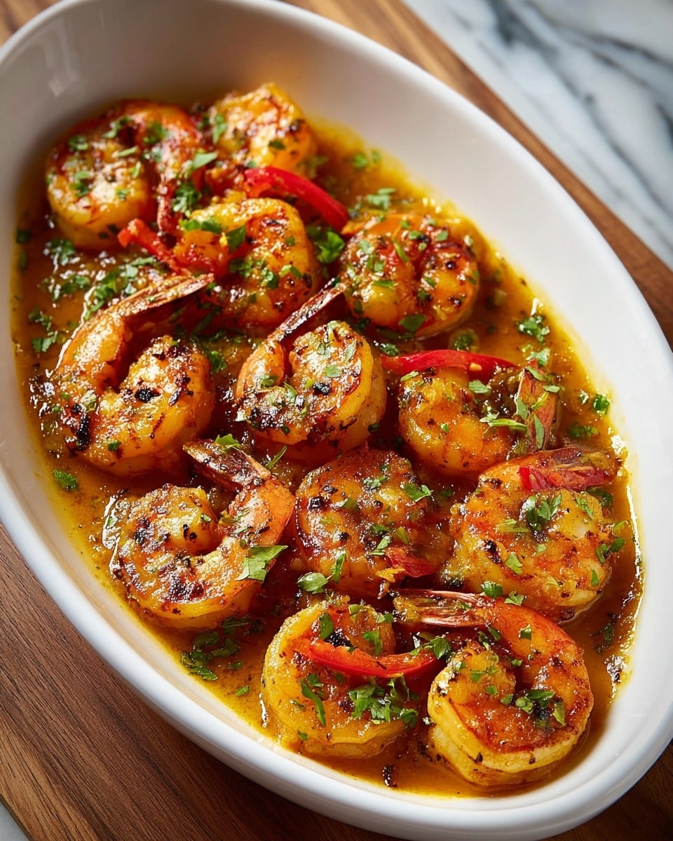 A white oval dish filled with grilled shrimp cooked in a rich, golden-brown sauce. The shrimp have a slightly charred texture with orange-pink color and dark grill marks, arranged evenly in the dish. Bright green chopped herbs are sprinkled on top, adding a fresh contrast. Thin red pepper slices are mixed among the shrimp for a splash of red. The dish sits on a wooden surface with a white marbled texture faintly visible around it. Photo taken with an iphone --ar 4:5 --v 7