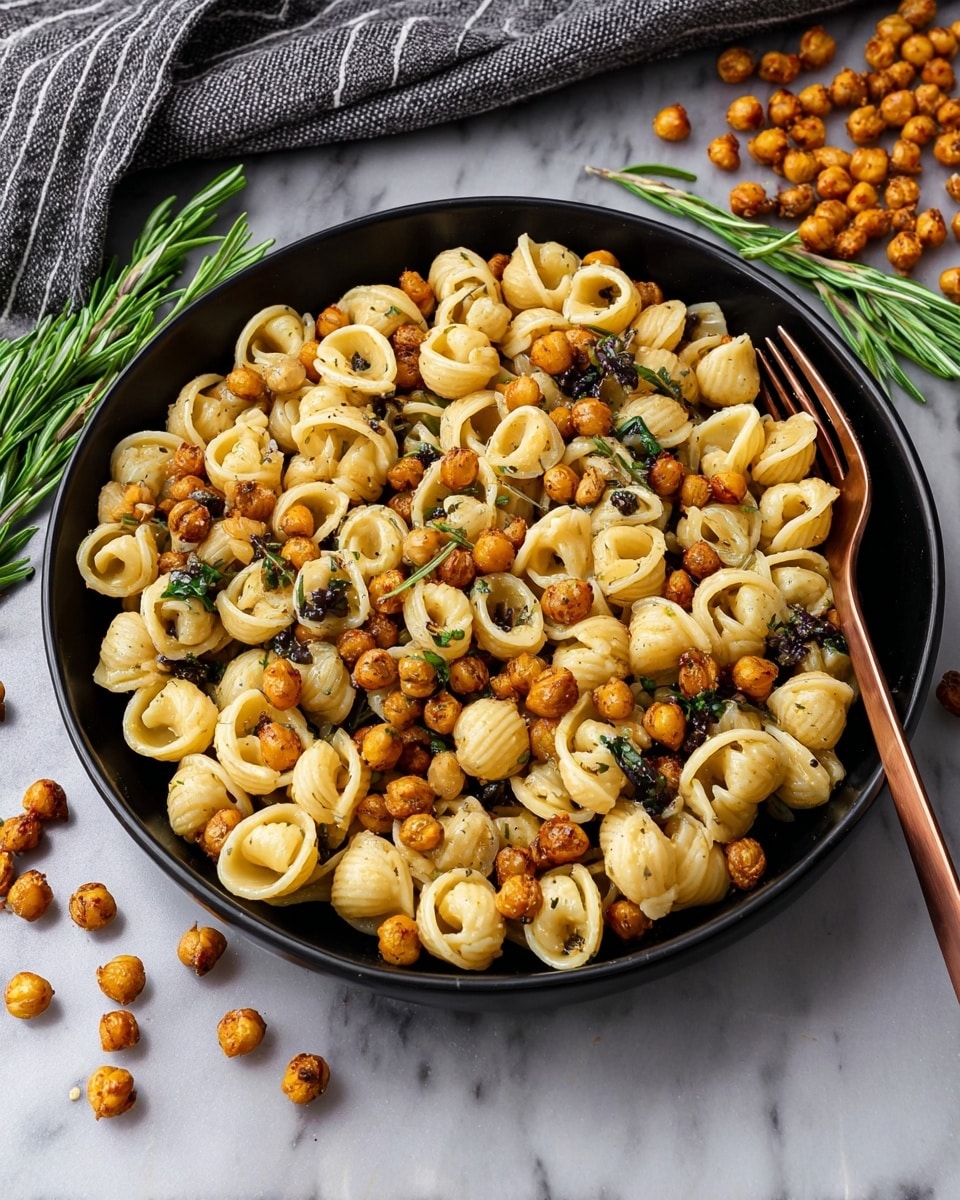 A black round bowl filled with two layers of small round pasta shells mixed with light brown roasted chickpeas and scattered dark green herbs throughout, all coated in a light oil or sauce giving a slight shine to the dish. A copper fork rests on the pasta near the top right edge of the bowl. Around the bowl, more roasted chickpeas are scattered on a white marbled surface with a grey and white striped cloth near the top left and fresh rosemary sprigs in the blurry background. photo taken with an iphone --ar 4:5 --v 7