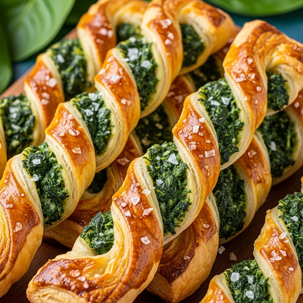 The image shows several golden, twisted pastry sticks filled with a green spinach mixture that is visible in the twists and ends of the pastries. The pastry looks crispy and flaky with a shiny, glazed surface sprinkled with coarse salt. The pastries are stacked casually on a wooden cutting board, highlighting their puffed, airy texture. The green spinach filling contrasts with the warm, golden brown color of the pastry layers, creating a fresh and inviting look. In the background, there are blurred hints of green leaves, adding freshness to the scene. Photo taken with an iphone --ar 4:5 --v 7