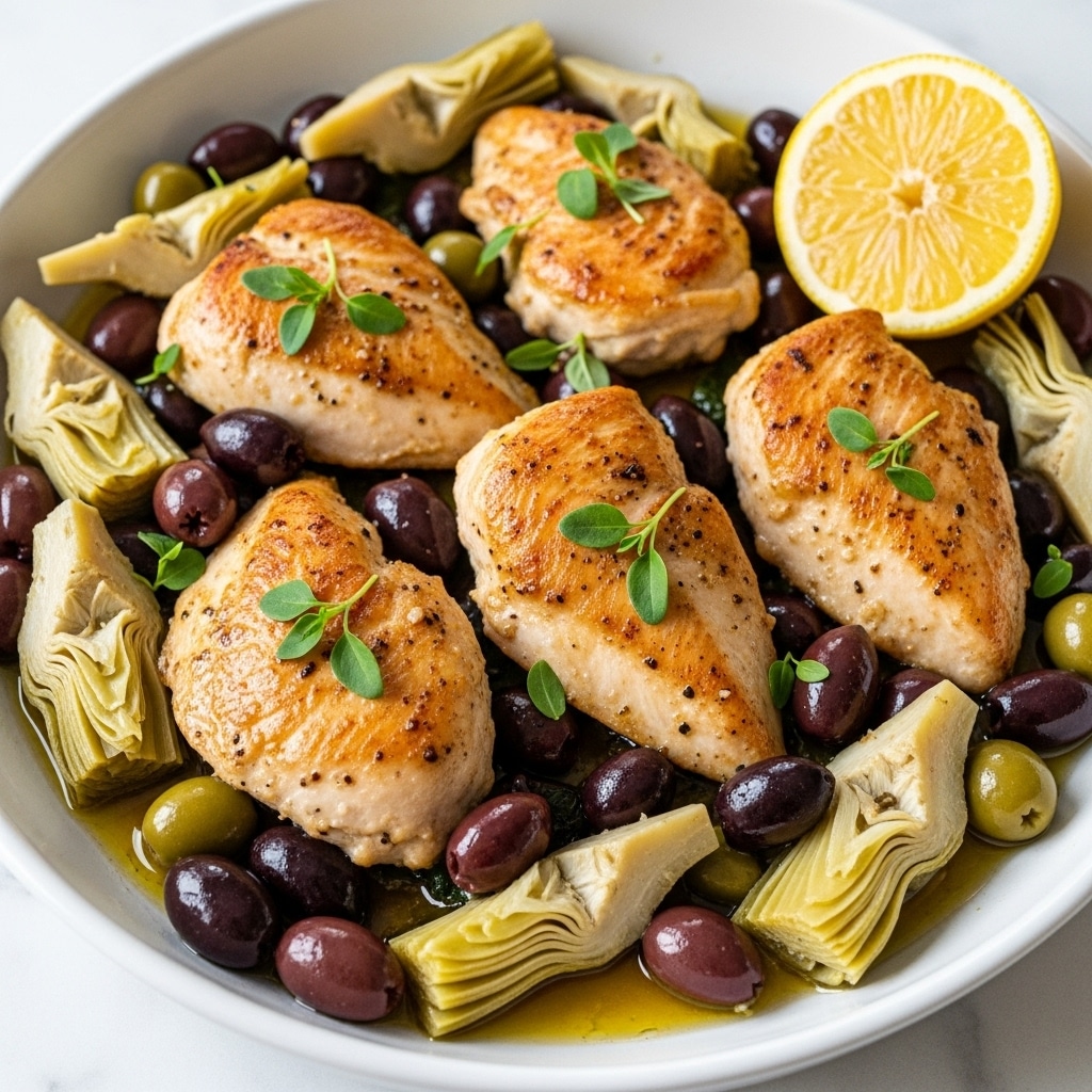 A close-up view of a dish featuring four pieces of golden-brown seared chicken breasts arranged in a shallow white bowl, each piece topped with small green herb leaves. Surrounding the chicken are layers of green and dark purple olives, and artichoke hearts with a soft yellowish-green texture, creating a mixed colorful base. A half lemon with its pale yellow flesh is placed on the edge, adding a fresh touch. The dish glistens with a shiny, oily sauce that covers the ingredients, and the background is a white marbled texture. Photo taken with an iphone --ar 4:5 --v 7