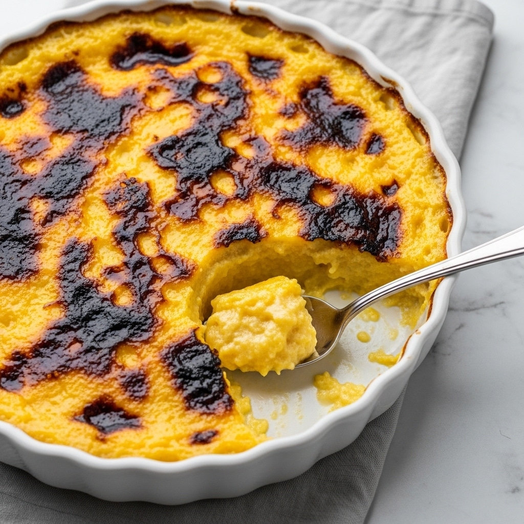 A creamy, golden baked dish is shown in a white fluted round ceramic dish with one scoop taken out, revealing a smooth, soft, yellowish interior beneath a top layer of browned, bubbly, caramelized crust. The surface has uneven dark brown charred spots that contrast with the bright golden yellow around them. A silver spoon rests inside the dish at the missing scoop area. The dish sits on a light grey cloth over a white marbled textured surface. photo taken with an iphone --ar 4:5 --v 7
