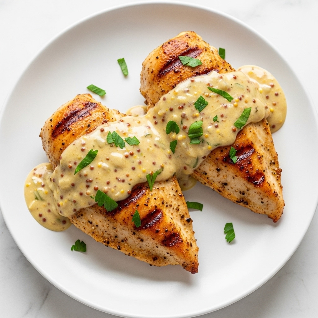 Two grilled chicken breasts with a light brown char on the edges are placed on a white plate with a shallow pool of creamy white sauce. Each chicken breast is topped with golden brown roasted pineapple chunks and more creamy white sauce that looks thick and smooth, garnished with small green herb pieces sprinkled over the top. The plate sits on a white marbled texture surface, adding elegance to the presentation. photo taken with an iphone --ar 4:5 --v 7