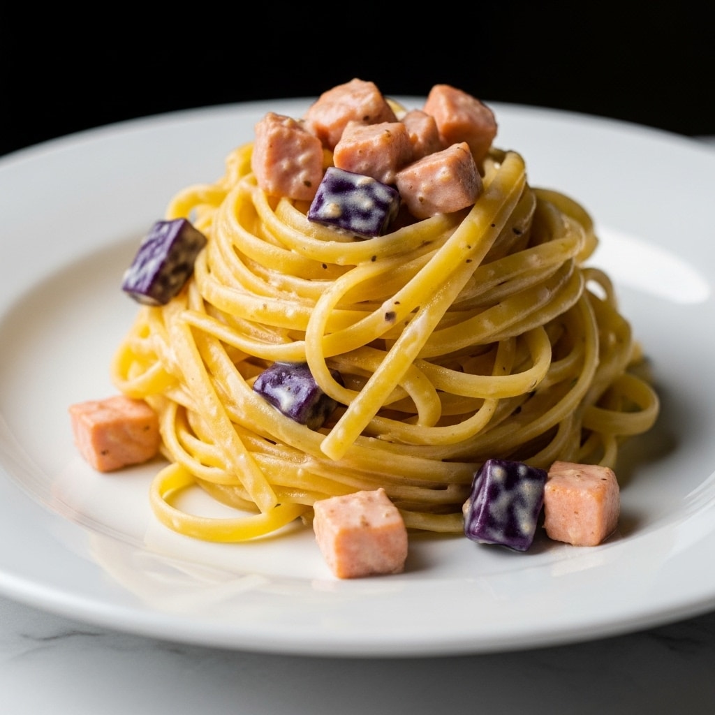 A close-up view of a plate with one thick mound of yellow creamy fettuccine pasta mixed with small pink chunks of meat and dark purple pieces, all coated in a glossy light beige sauce. The noodles have a smooth texture and twist around each other, piled neatly in the center of a white plate that sits on a white marbled surface. The background is dark, making the pasta stand out sharply. photo taken with an iphone --ar 4:5 --v 7