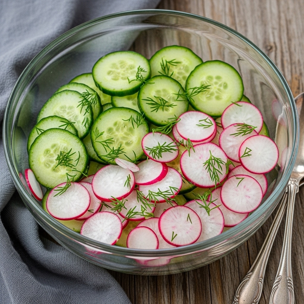 A clear glass bowl filled with a fresh salad made of thinly sliced cucumber and radish, showing two main layers: the first layer consists of pale green cucumber slices with a smooth texture, and the second layer is thin white radish slices edged with bright pink, all topped with small sprigs of fresh green dill scattered evenly. The bowl rests on a rustic wooden surface, next to a gray cloth and two silver spoons with ornate handles. Photo taken with an iphone --ar 4:5 --v 7