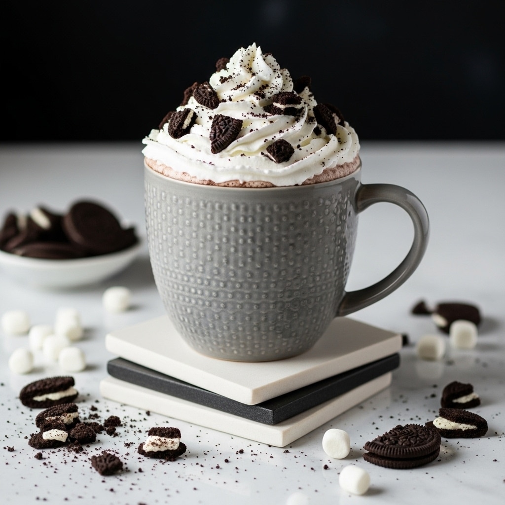 A gray textured mug filled with a hot drink is topped with a high, fluffy layer of white whipped cream sprinkled with small, broken pieces of dark chocolate cookies. The mug is placed on a small stack of square coasters alternating between black and white, all set on a white marbled surface. Scattered cookie crumbs and small white marshmallows surround the base, with a dark, blurred background adding contrast. Photo taken with an iphone --ar 4:5 --v 7