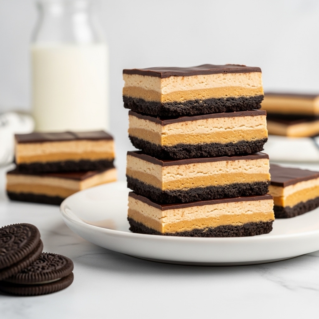 The image shows five rectangular dessert bars stacked on a white plate over a white marbled surface. Each bar has three clear layers: the bottom is a dark chocolate cookie crust, the middle is a thick, creamy, light brown peanut butter layer with a smooth texture, and the top is a thin, glossy dark chocolate layer. The bars are neatly cut, and the contrast between the dark and light layers is very visible. In the background, there is a blurry glass of milk, and in the foreground, a white marble surface with a single chocolate sandwich cookie on the left side. photo taken with an iphone --ar 4:5 --v 7