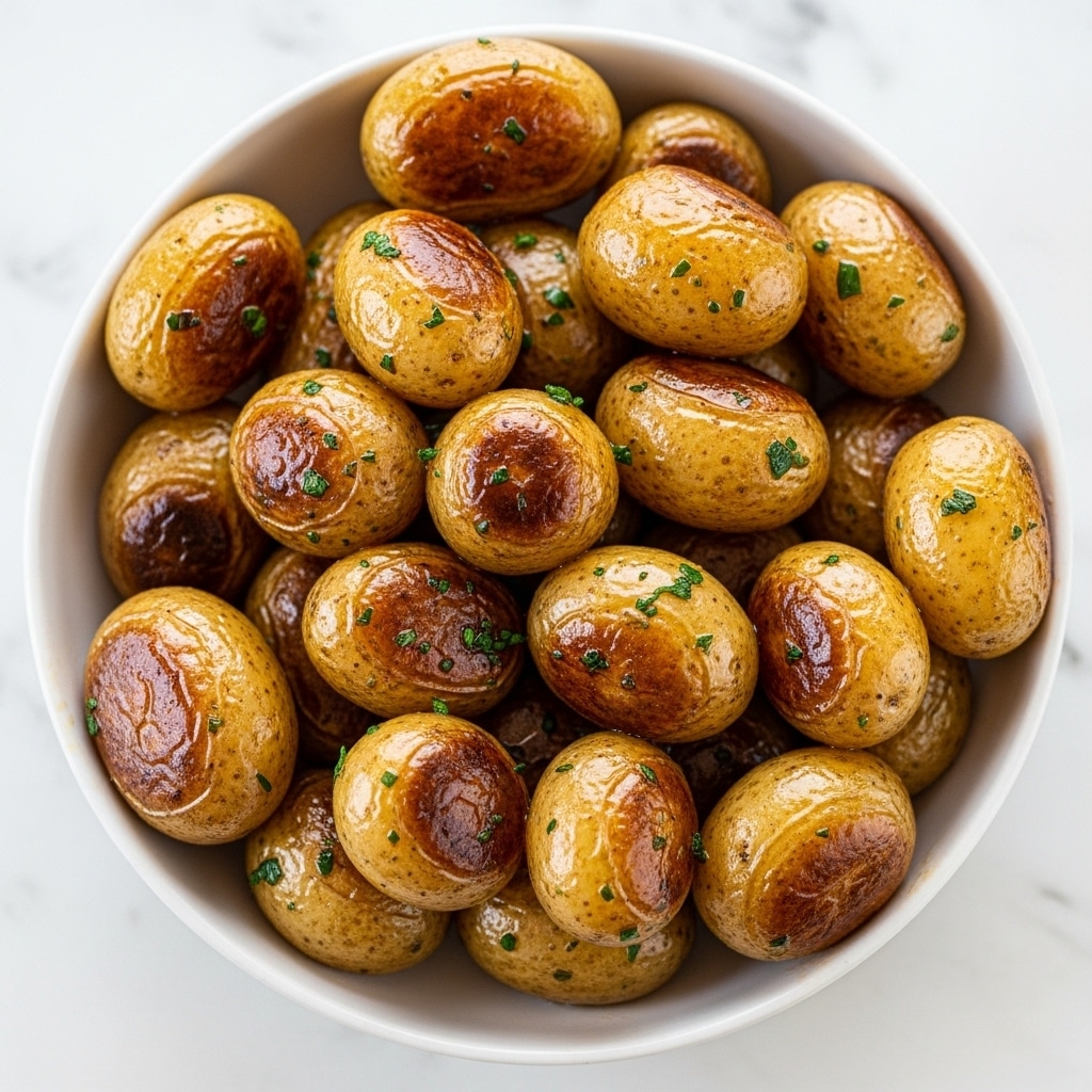 A white bowl filled with about two layers of small roasted potatoes, each potato showing a golden brown color with some darker charred spots. The potatoes have a shiny, oily surface that reflects light, suggesting they are well-coated in butter or oil. Small green herb bits are sprinkled over the potatoes, adding a touch of color and freshness. The bowl sits on a white marbled texture, making the warm colors of the potatoes stand out. photo taken with an iphone --ar 4:5 --v 7