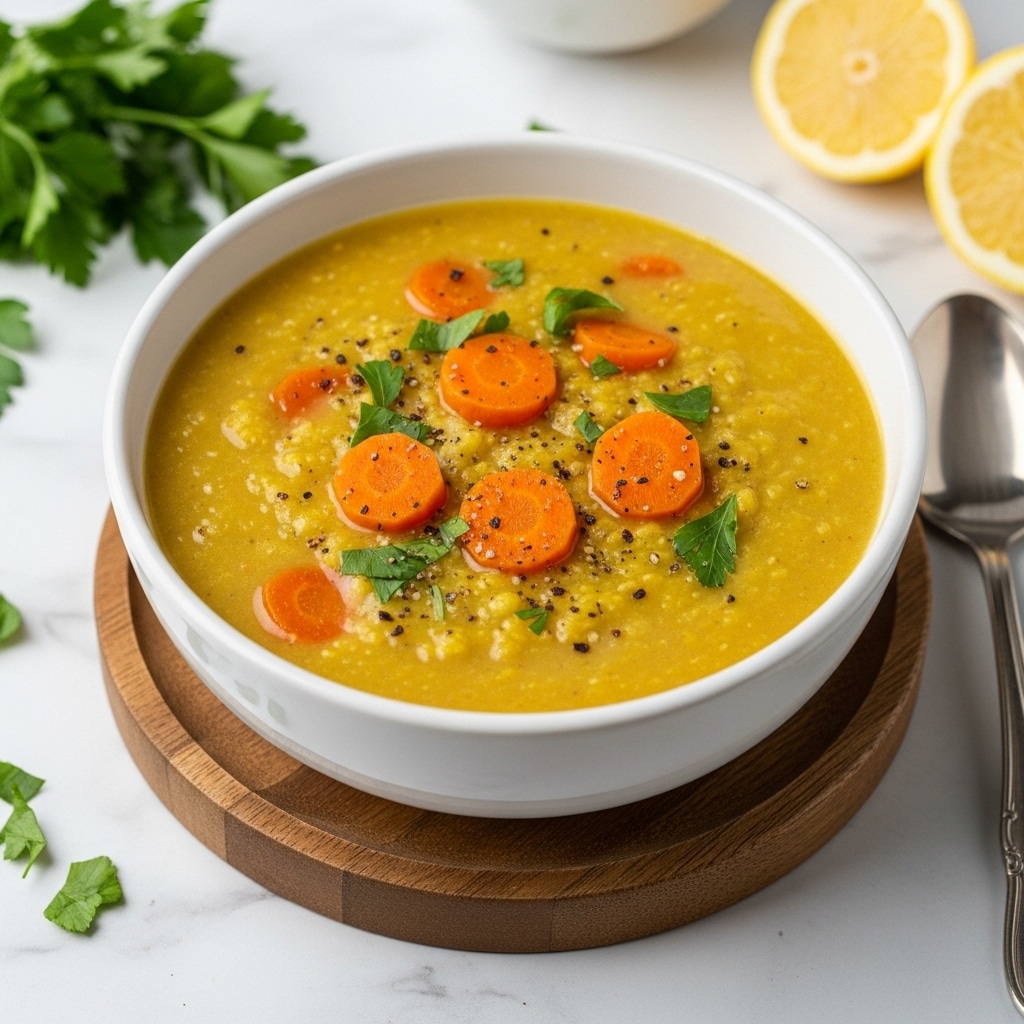 A white bowl filled with thick yellow lentil soup that has visible small chunks of soft orange carrot slices and some green herbs scattered on top. The soup looks creamy and smooth with a few black pepper flakes sprinkled over it. The bowl sits on a round wooden coaster placed on a white marbled surface, with some fresh parsley and lemon wedges nearby, giving a fresh feel to the scene. photo taken with an iphone --ar 4:5 --v 7