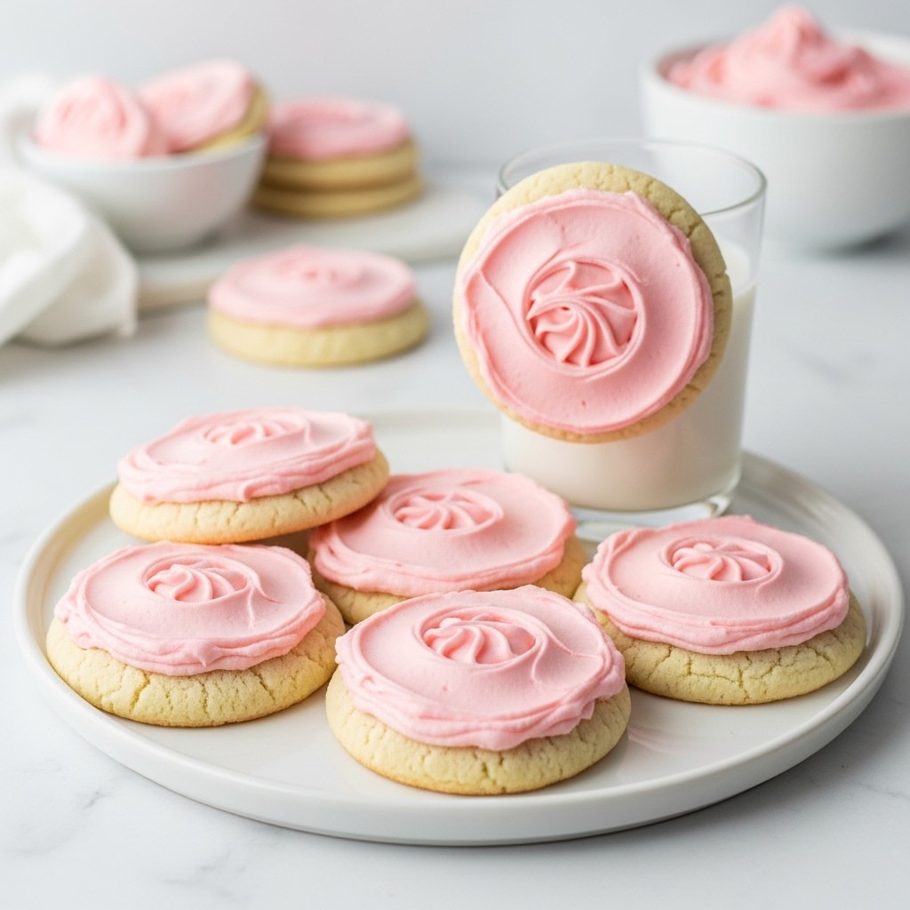 A white round plate sits on a white marbled surface, holding five sugar cookies topped with a thick, smooth layer of light pink frosting. The cookies have a light golden-brown base with a soft texture, and the frosting is spread in a circular motion with visible swirls. One cookie leans against a clear glass filled halfway with white milk, while more cookies and a white bowl with pink frosting are blurred in the background. The whole scene is bright and inviting, with the soft pink frosting contrasted against the pale cookie and white surroundings. photo taken with an iphone --ar 4:5 --v 7