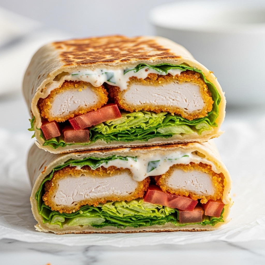 The image shows a close-up of two stacked toasted wraps cut in half to reveal their layers. Each wrap has a lightly browned, crispy outer shell with a slightly bubbled texture. Inside, the first layer is made of golden-brown crispy chicken pieces with a crunchy coating. Below the chicken is a fresh mix of shredded green lettuce and small tomato chunks, adding vibrant green and red colors. A creamy white sauce is drizzled over the vegetables, slightly oozing out. The wraps are placed on a piece of parchment paper over a white marbled surface, with a blurred white bowl in the background. photo taken with an iphone --ar 4:5 --v 7