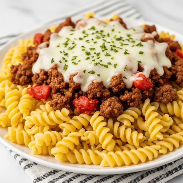 A close-up shot of a white plate filled with three layers: the bottom layer is a pile of yellow, twisted rotini pasta, the middle layer has small chunks of browned ground meat mixed with bits of red tomato, and the top layer is melted white cheese with green herb sprinkles scattered on it. The plate is set on a white marbled surface with a striped cloth partially visible beneath it. The overall look is warm and inviting with a focus on texture and color contrasts. photo taken with an iphone --ar 4:5 --v 7