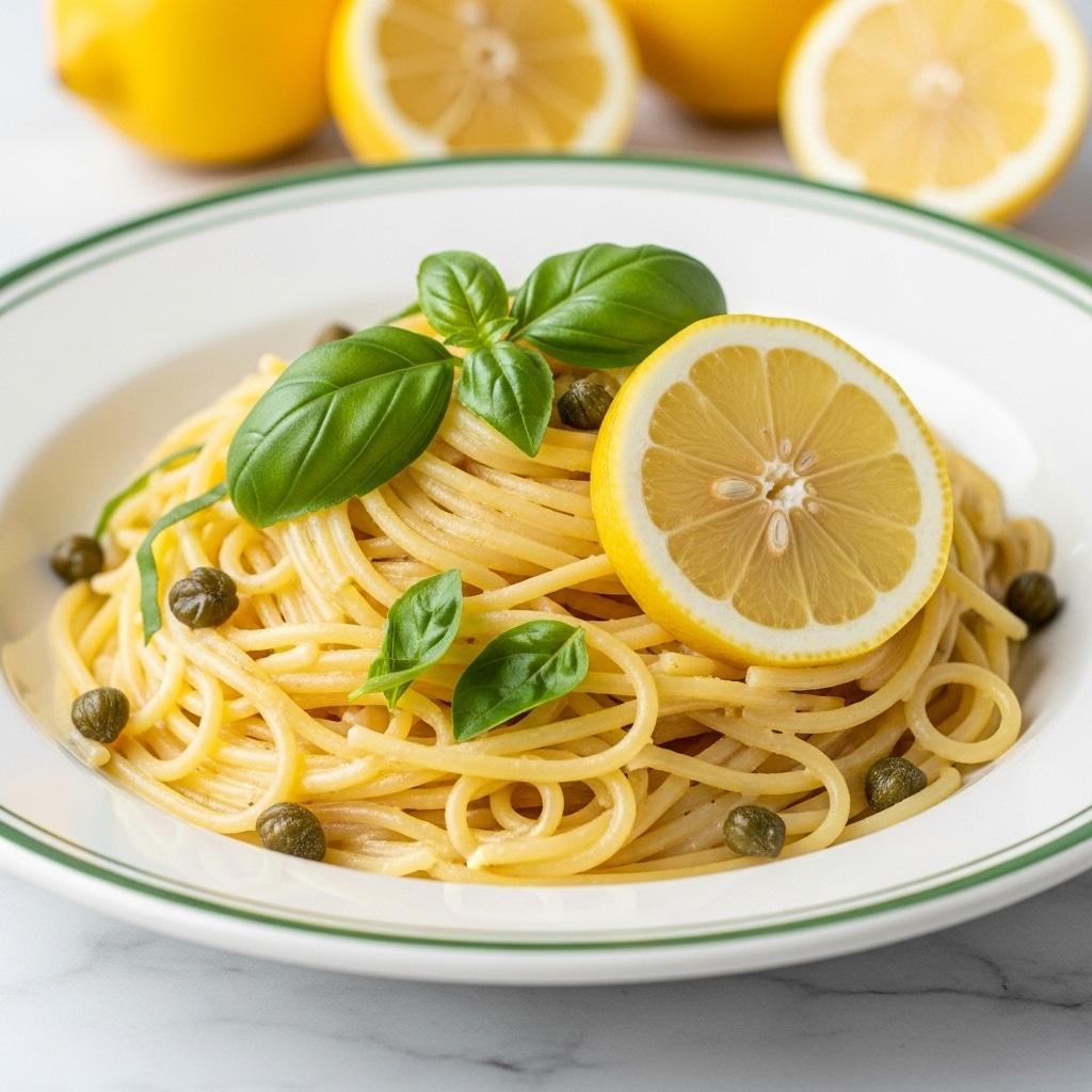 A close-up of a white plate with a green edge filled with creamy yellow spaghetti pasta, scattered with small dark green capers. On top of the pasta, there is a bright green basil leaf cluster and one slice of lemon with a light yellow rind, showing the white and yellow inside textures. The plate is placed on a white marbled surface with blurred whole lemons in the background. photo taken with an iphone --ar 4:5 --v 7