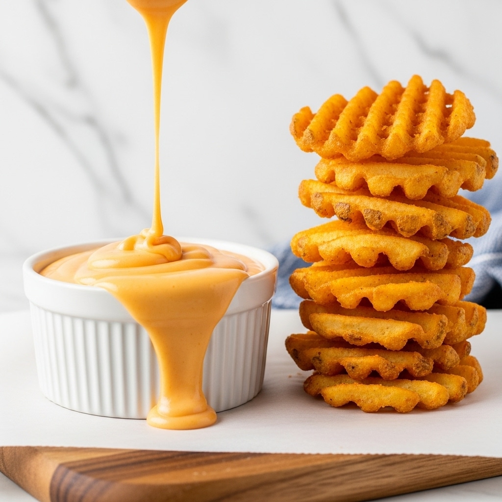 The image shows a white ceramic ramekin filled with smooth, thick orange cheese sauce that is overflowing and dripping down the side. Next to the ramekin, there is a stack of golden-orange waffle fries with a crispy texture, arranged on a white paper on top of a wooden board. The background is a white marbled texture with a blue and white cloth slightly seen in the back right corner. The colors are warm and inviting, highlighting the rich cheese sauce and crunchy fries. photo taken with an iphone --ar 4:5 --v 7