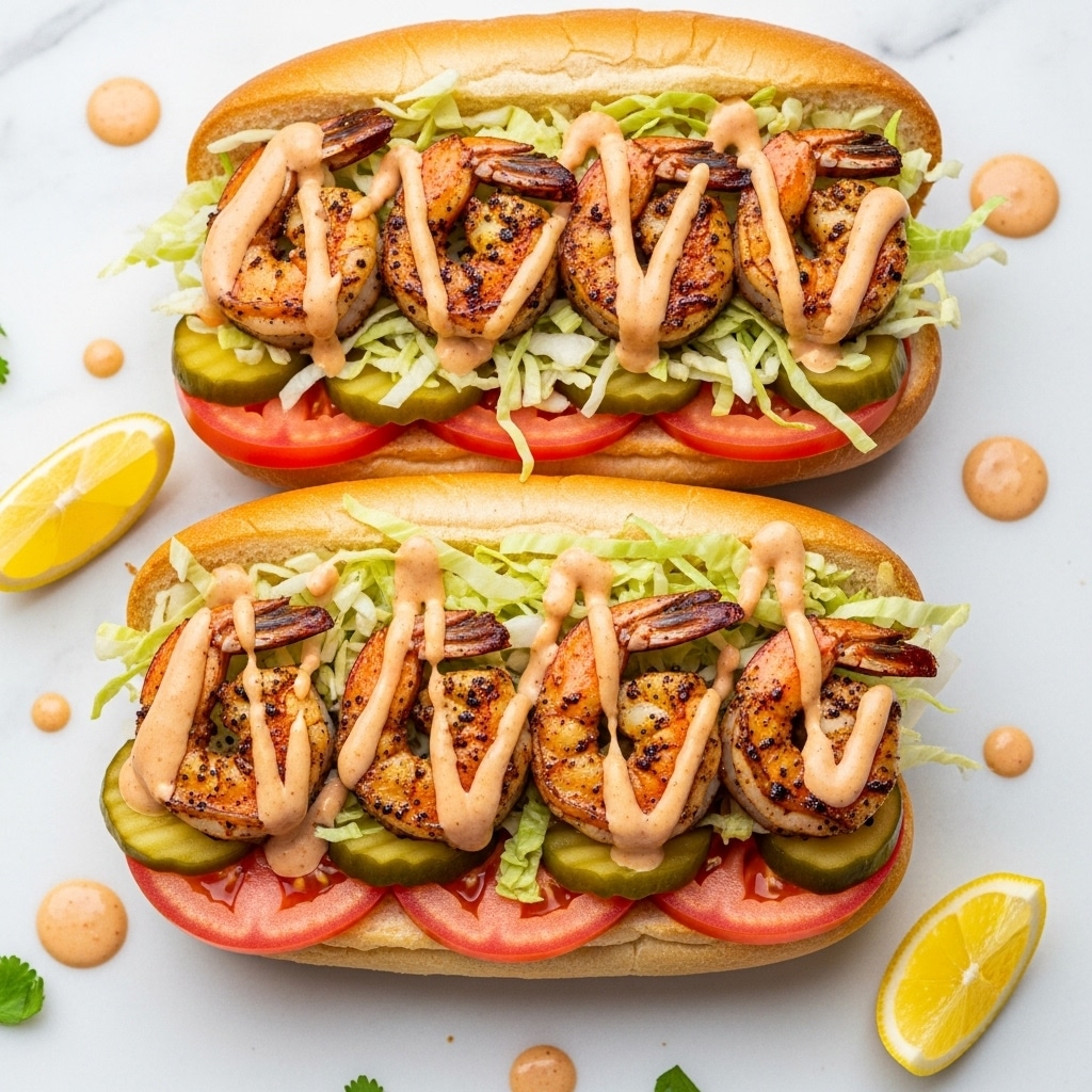 Two open shrimp po'boy sandwiches rest on a white marbled surface, each layered with bright red tomato slices at the bottom, topped with a few green pickle slices, then a generous pile of blackened grilled shrimp with a slight char texture. Above the shrimp lies a layer of fresh, light green cabbage shreds, all drizzled with creamy, light brown, slightly spicy-looking sauce. Pieces of lemon wedges and scattered sauce drops surround the sandwiches, which sit in soft, golden-brown sandwich rolls with the inside bread visible. photo taken with an iphone --ar 4:5 --v 7