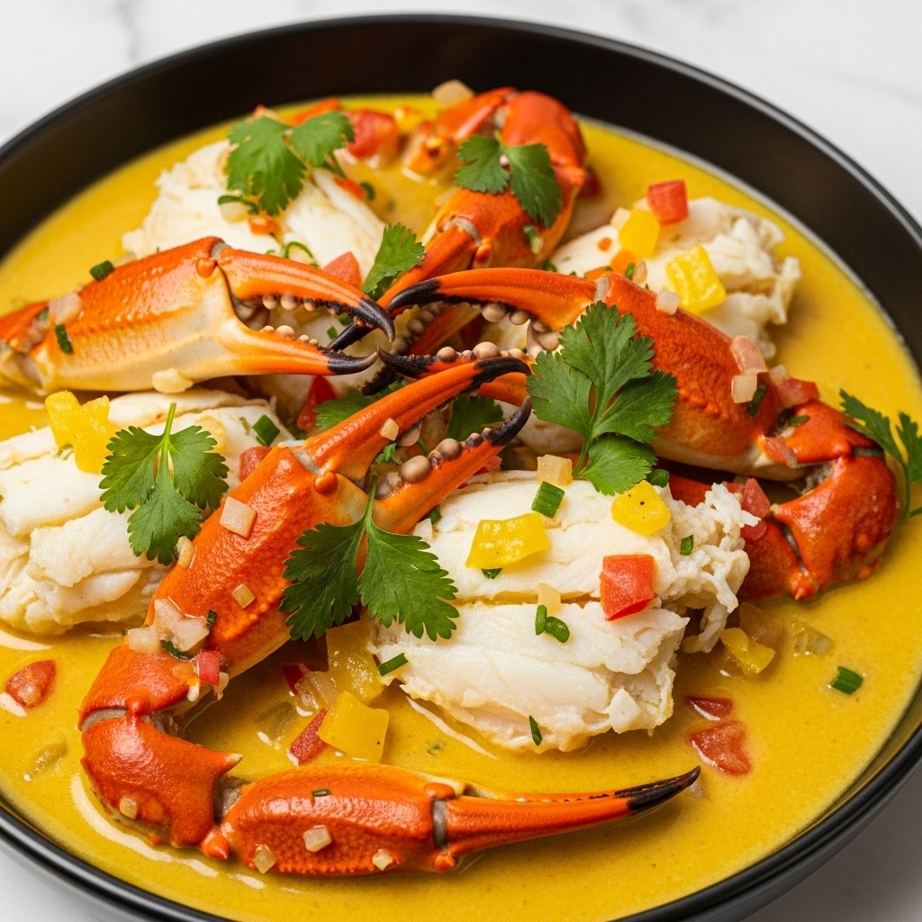 A close-up view of a rich seafood dish with bright orange crab claws and large white pieces of crab meat sitting in a creamy yellow sauce. The sauce is smooth with small bits of red and yellow vegetables scattered throughout. Fresh green herbs are sprinkled generously on top, adding vibrant color contrast to the dish. The seafood and sauce fill a round black bowl, and the background is a white marbled texture. photo taken with an iphone --ar 4:5 --v 7