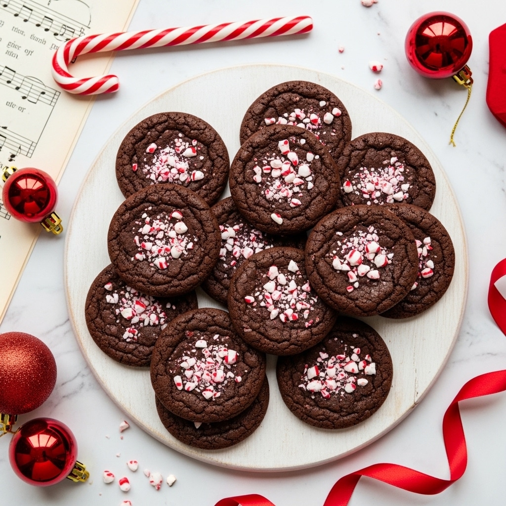 A round white wooden board filled with a stack of dark chocolate cookies, each one rich and textured with cracks, sprinkled generously with small, broken pieces of red and white peppermint candy on top. Around the board, there is a white marbled surface with festive touches including a whole red and white candy cane placed horizontally near the top edge, a sheet of music partly visible, and shiny red Christmas ornaments scattered nearby, along with a red ribbon curling along the bottom right corner of the image. Photo taken with an iphone --ar 4:5 --v 7