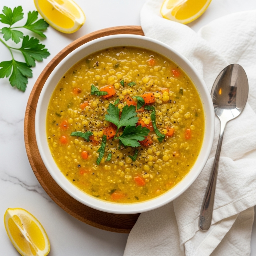 A white bowl filled with thick yellow lentil soup, visible small pieces of orange carrot and bits of green herbs spread evenly throughout the soup, topped with a sprinkle of black pepper and fresh parsley leaves. The bowl sits on a wooden plate placed on a white marbled surface, with a white cloth napkin gently folded nearby and lemon wedges along with some parsley sprigs scattered around. The texture of the soup looks creamy yet chunky from the vegetables and herbs. Photo taken with an iphone --ar 4:5 --v 7