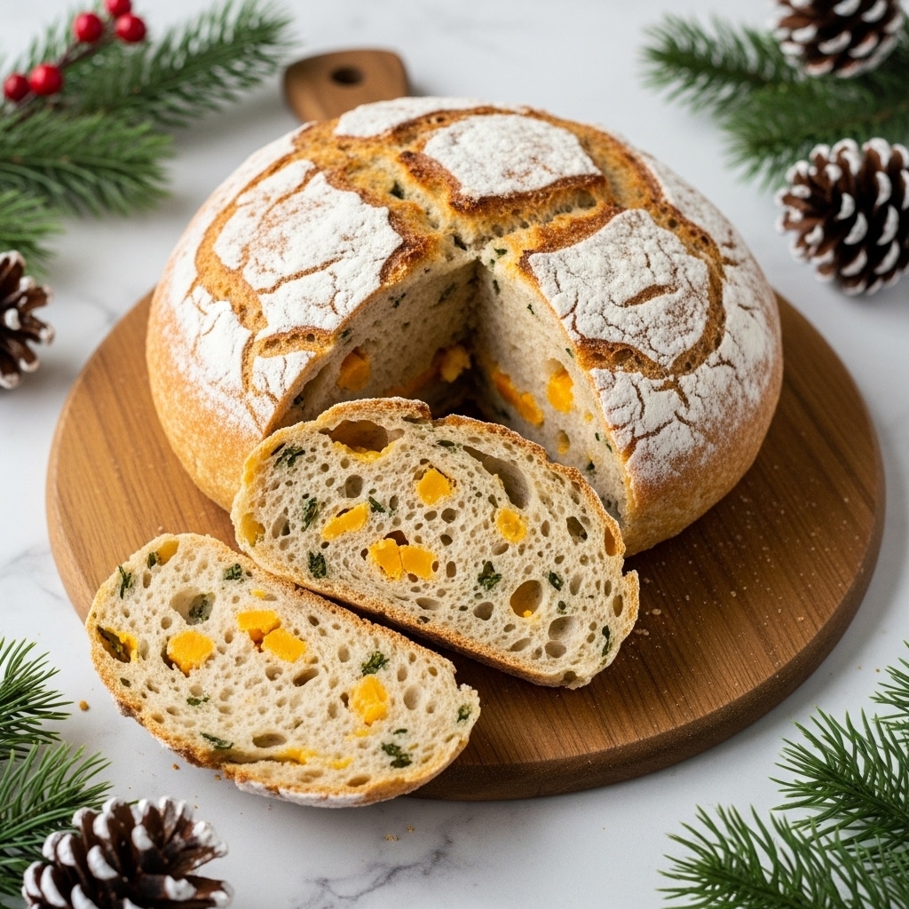 A round loaf of bread is shown on a wooden cutting board. The bread has a rough, golden-brown crust with flour dusted on top and a cracked pattern. Two slices are cut from the loaf and placed in front of it, showing a soft inside with green herbs and bits of orange cheese running through it. The background surface is a white marbled texture. Around the cutting board are green pine branches and frosted pine cones, adding a festive touch. photo taken with an iphone --ar 4:5 --v 7
