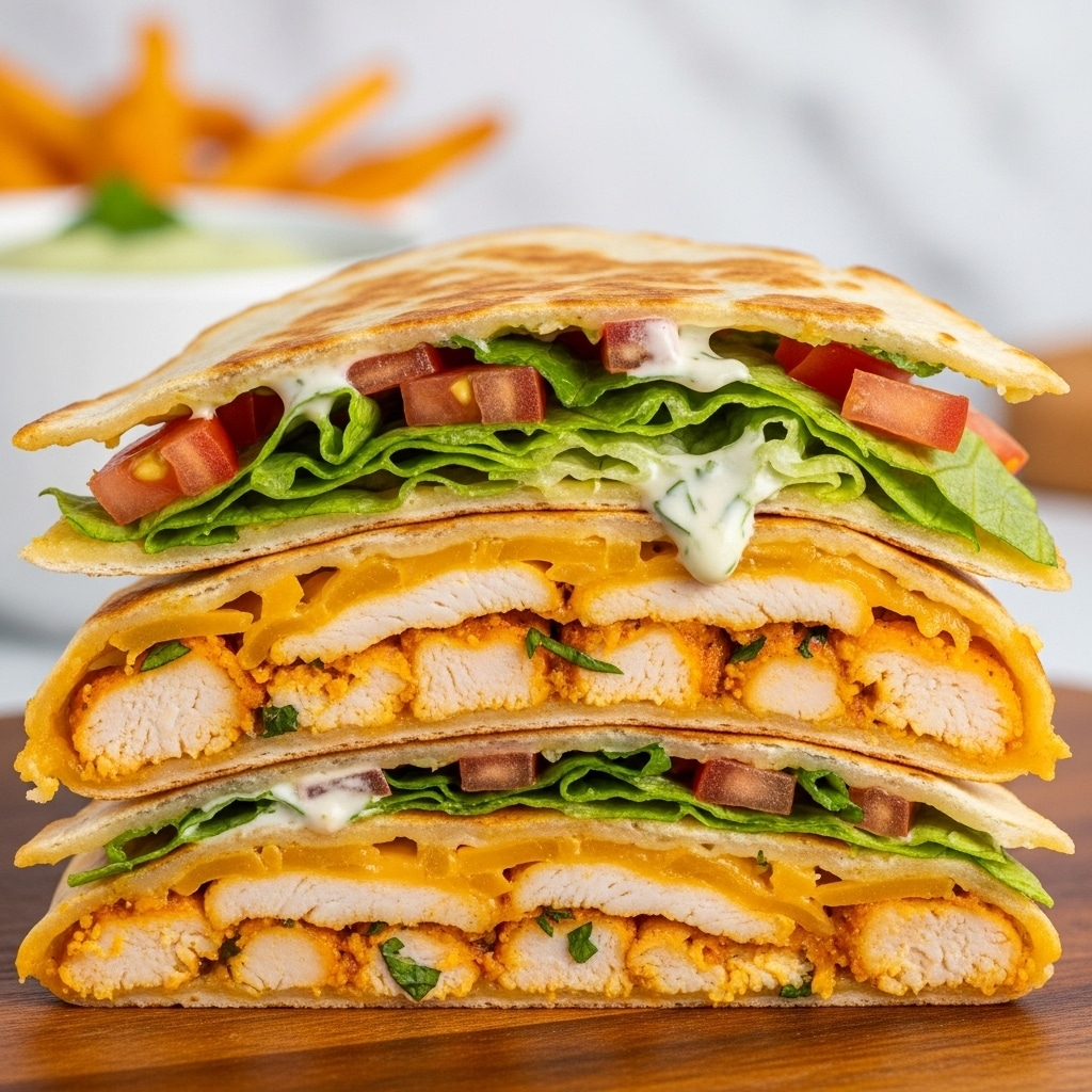 The image shows a close-up of a quesadilla cut into three stacked triangular pieces on a wooden surface. Each piece reveals multiple layers: the outer layer is a golden-brown, toasted tortilla with a slightly crispy texture. Inside, there is a layer of cooked, seasoned chicken chunks with a warm orange tint, topped with shredded cheddar cheese melted into the chicken. Above that, there is a fresh green lettuce layer with finely chopped tomatoes adding a red contrast. There is also a creamy white sauce dripping lightly over the lettuce and chicken. Some small green cilantro pieces are scattered inside. The background is blurred, showing a white bowl with green sauce and some orange fries on a white marbled texture. photo taken with an iphone --ar 4:5 --v 7