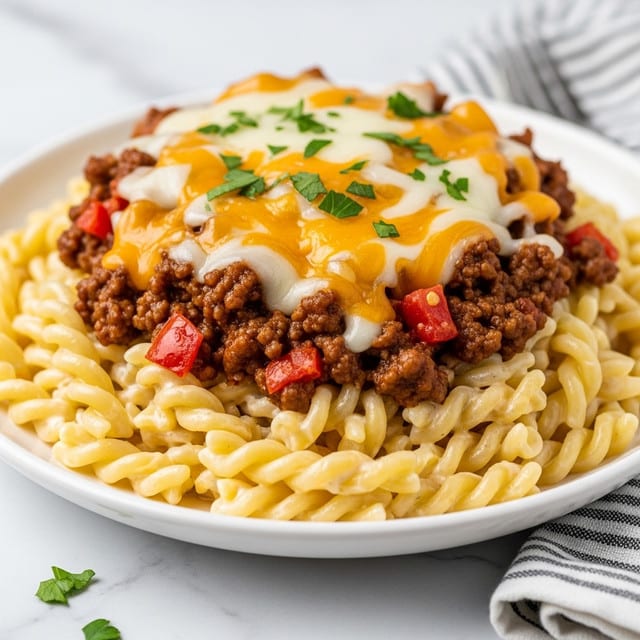 The dish shows a close-up of a white plate filled with creamy, twisted pasta in the bottom layer, which is light yellow and shiny. On top of the pasta, there is a generous layer of browned ground meat mixed with small bits of red tomato, adding a pop of color. The top layer is melted cheese draped unevenly over the meat, with fresh green parsley sprinkled on top for contrast. The plate sits on a white marbled surface with a folded striped cloth nearby. photo taken with an iphone --ar 4:5 --v 7