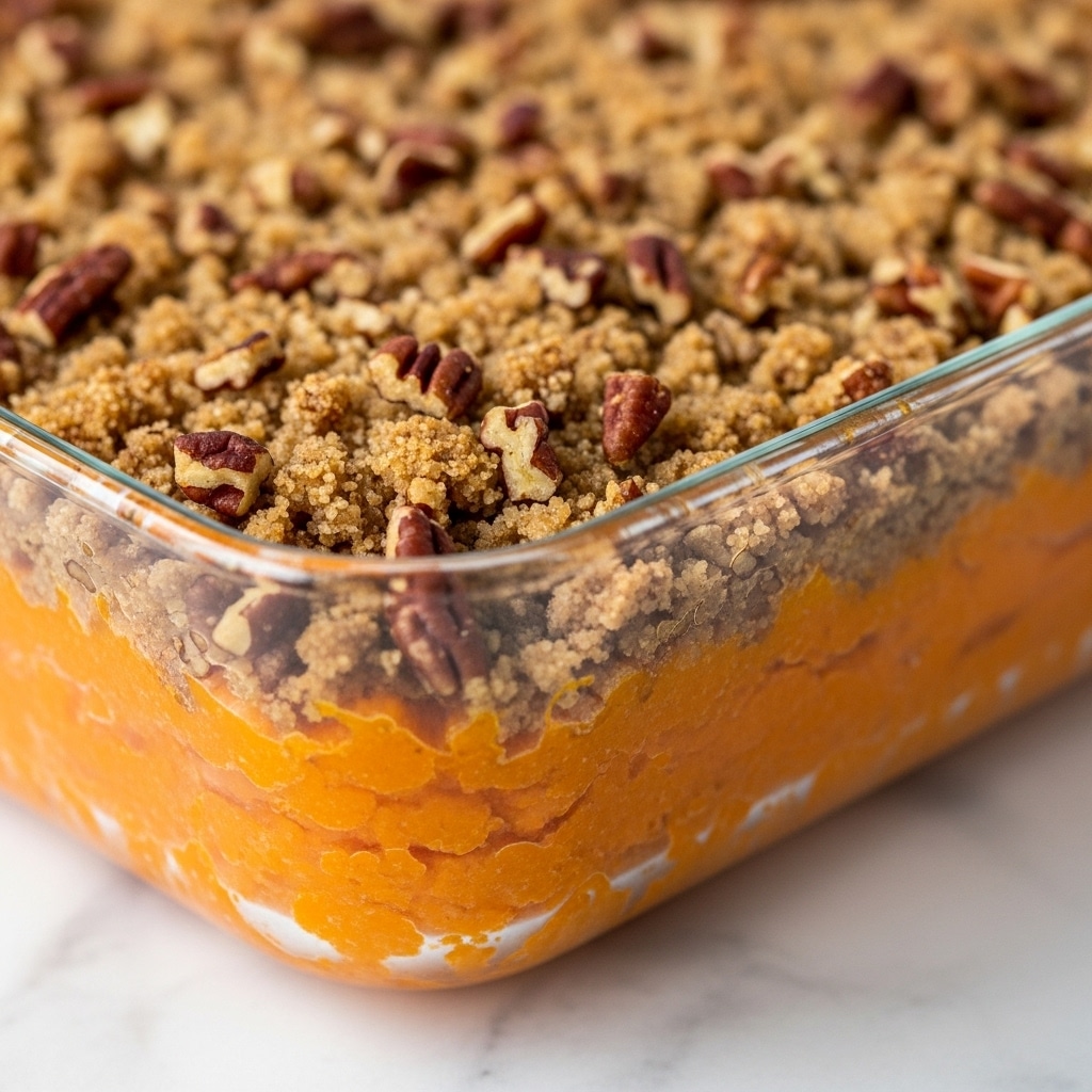 The image shows a close-up of a two-layer baked dish in a clear glass rectangular dish. The bottom layer is bright orange with a soft, smooth, and slightly chunky texture, looking like mashed sweet potatoes. The top layer is a crumbly, light brown topping mixed with pieces of pecans, giving a crunchy texture with a mix of darker brown nut pieces scattered throughout. The edges reveal the contrast between the soft orange base and the crispy nutty topping. The dish is set on a white marbled texture surface. Photo taken with an iphone --ar 4:5 --v 7