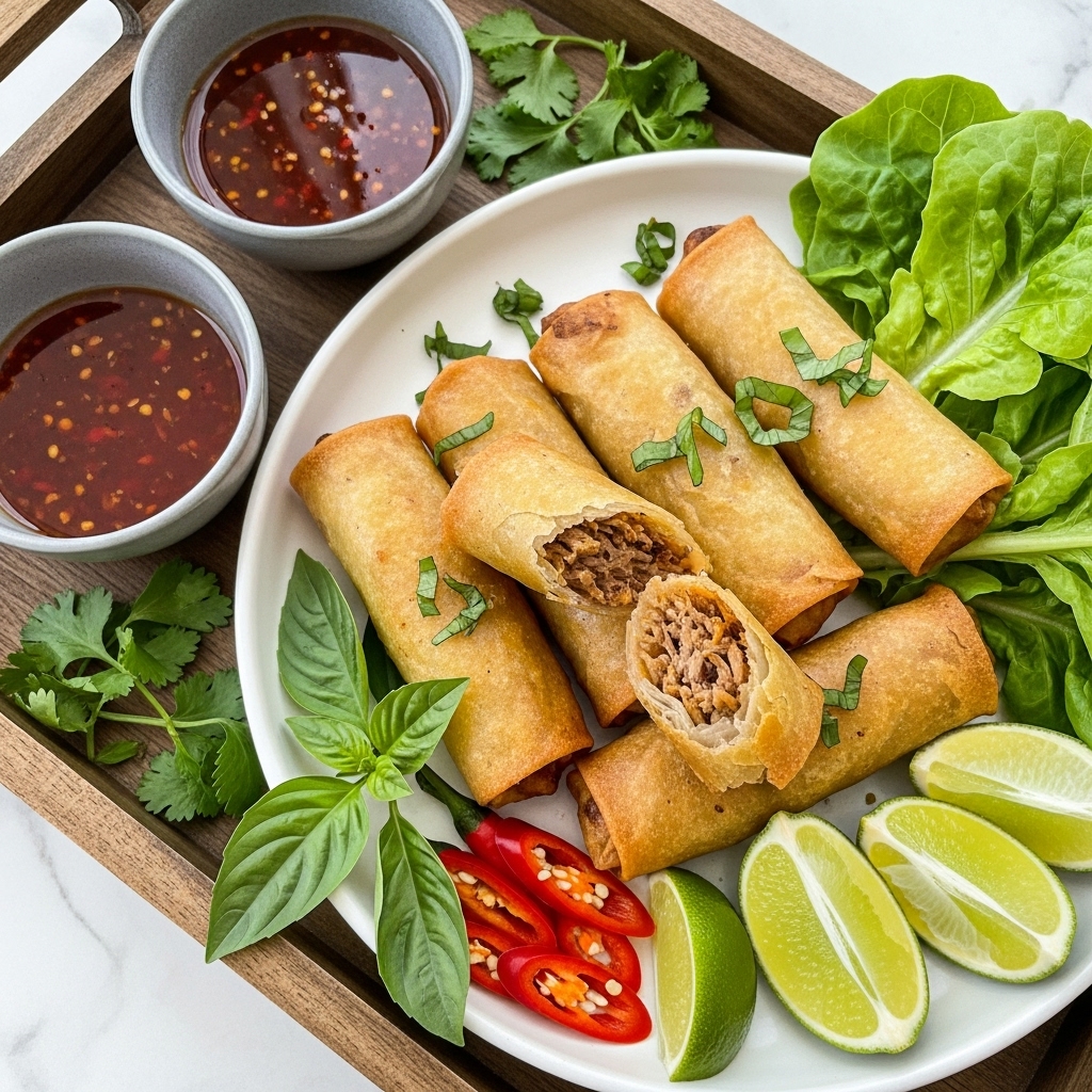 Five golden brown, crispy spring rolls are stacked slightly overlapping on a round white plate with a few green herbs scattered on top. One spring roll is broken open, revealing shredded dark brown meat inside. The plate also holds bright green fresh leafy lettuce at the top right, several green lime wedges at the bottom right, and red chili slices at the bottom left along with fresh green basil leaves. To the upper left of the plate, two small round gray bowls filled with dark red chili dipping sauce sit next to scattered green herbs. Everything rests inside a rustic wooden tray with a white marbled textured surface visible around it. photo taken with an iphone --ar 4:5 --v 7
