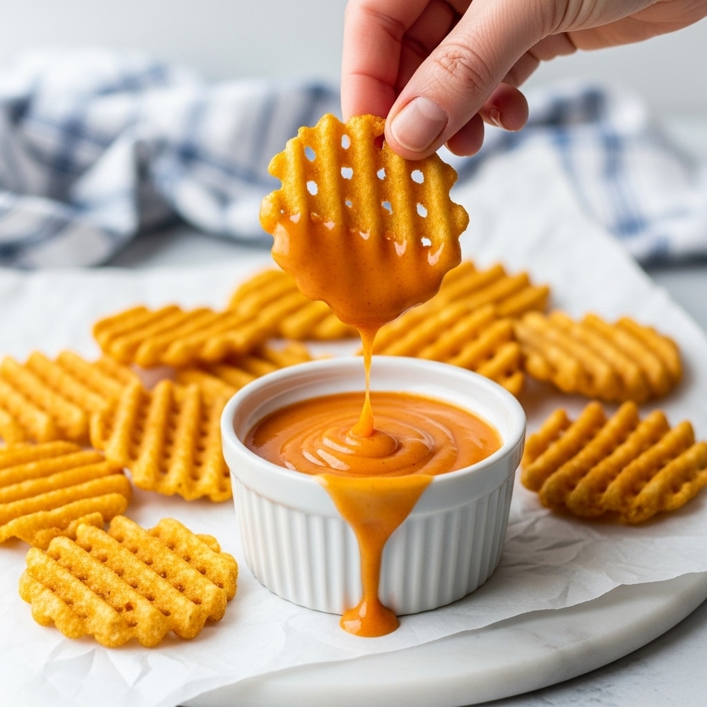 A woman's hand is dipping a waffle-cut, golden-brown crispy chip covered in a thick, creamy orange sauce that slightly drips off the chip. Below, there is a small white ramekin filled to the top with the same orange sauce, overflowing slightly down the side. Next to the ramekin, there are several more waffle-cut crispy chips spread out on white parchment paper, all placed on a white marbled surface. In the background, a partially visible blue and white cloth adds a soft touch to the composition. Photo taken with an iphone --ar 4:5 --v 7