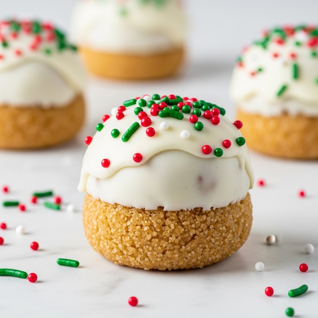 A close-up of a round treat with two layers: a moist, crumbly light golden brown inside and a smooth white icing covering the outside, decorated with small red and green round sprinkles scattered on top and around it on a white marbled surface, with another similar treat blurred in the background. photo taken with an iphone --ar 4:5 --v 7