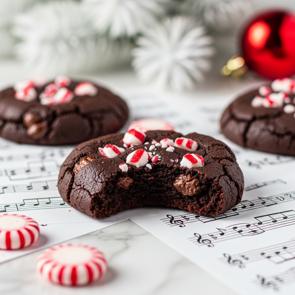 A close-up of a dark chocolate cookie with a bite taken out of its front edge, showing its soft, crumbly texture and small chunks of chocolate inside, topped with small, broken pieces of red and white peppermint candy scattered across the surface; the cookie lies flat on white sheets of paper printed with black music notes, with a blurred red and white peppermint candy in the foreground and a white decorative pine branch and a red round ornament blurred in the background, all set on a white marbled surface. photo taken with an iphone --ar 4:5 --v 7
