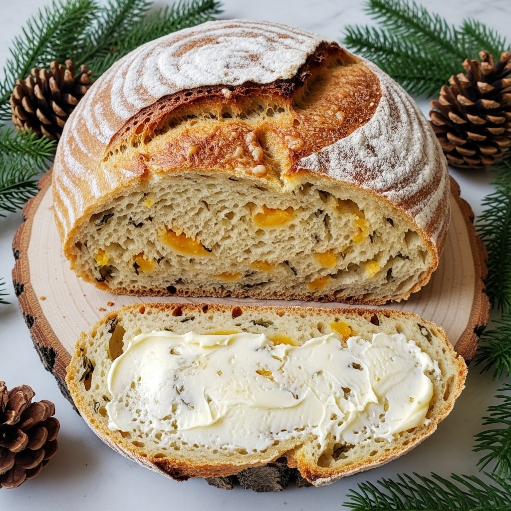 A rustic round loaf of bread with a rough, golden-brown crust dusted lightly with flour sits on a tree slice board. The inside shows two thick layers with a soft, pale yellow crumb mixed with small green herb flecks and bits of orange cheese swirled throughout. One slice lies in front, spread with uneven creamy butter that glistens under the light, highlighting the textured bread surface with herbs and cheese. Pinecones and green pine branches surround the board, all set on a white marbled surface. Photo taken with an iphone --ar 4:5 --v 7