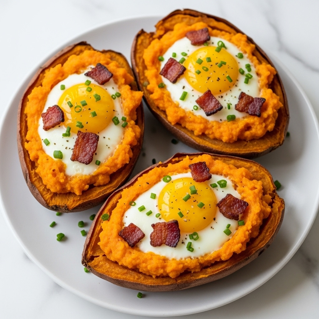 On a white plate, there are three sweet potato skins split in half, filled with a mashed orange sweet potato layer that is smooth with a slightly chunky texture. Each half is topped with a cooked egg in the center, showing a bright yellow yolk and white egg whites. Small pieces of crispy browned bacon are scattered atop the mashed sweet potatoes and eggs, along with tiny green chives sprinkled over as garnish. The edge of the sweet potato skin is dark brown and crisp, contrasting with the soft, vibrant orange filling and the creamy white of the egg. The plate sits on a white marbled surface. photo taken with an iphone --ar 4:5 --v 7
