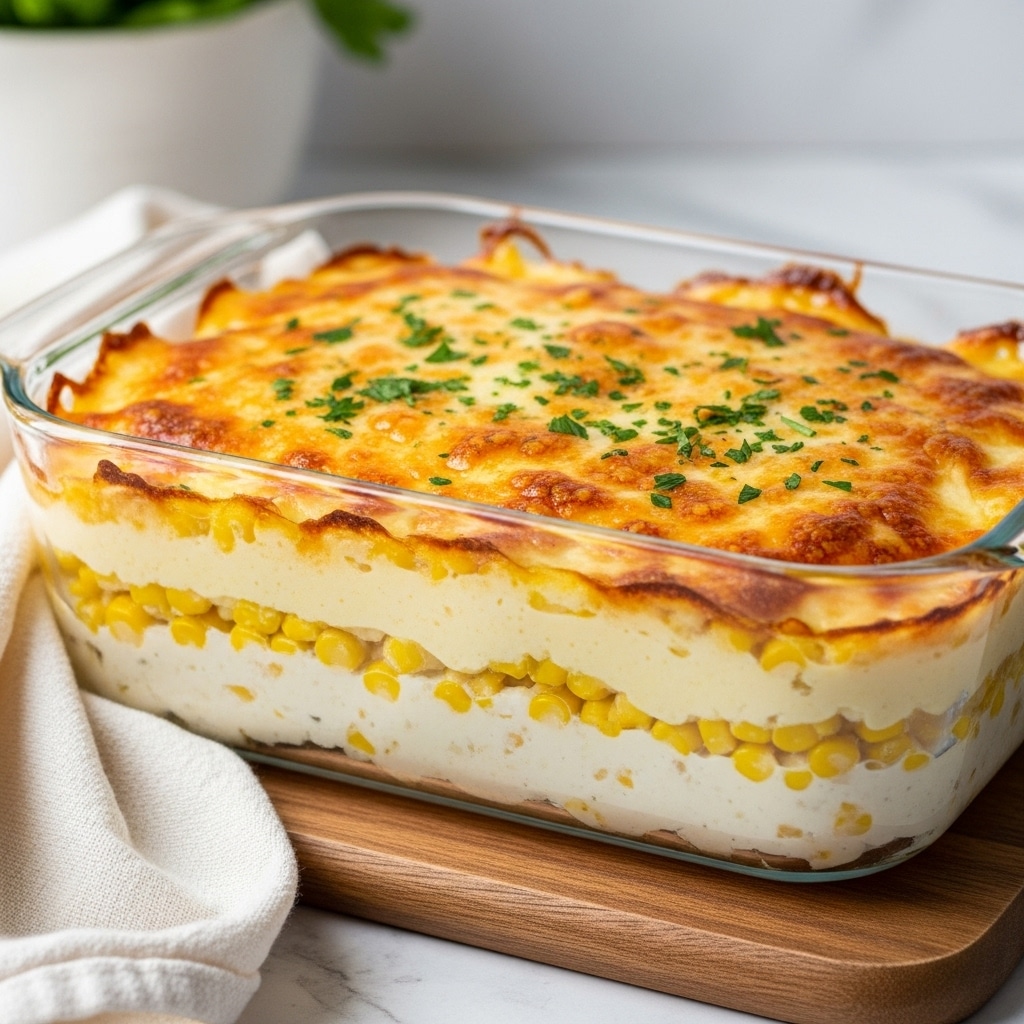 A baked corn casserole in a clear rectangular glass dish with three visible layers: the bottom layer is creamy and white with whole yellow corn kernels mixed in, the middle layer is thicker and smooth with a pale yellow color, and the top layer is golden brown melted cheese with small browned spots and sprinkled with chopped green herbs. The dish sits on a wooden board with a soft white towel in the foreground and a white bowl with greens blurred in the background on a white marbled surface. Photo taken with an iphone --ar 4:5 --v 7