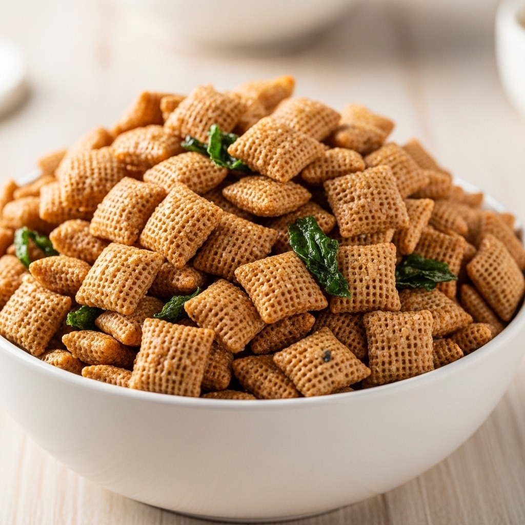 A large white bowl filled with many small, square, light brown cereal pieces that have a shiny coating, giving them a glazed look. The cereal pieces are piled high and mixed with a few small, dark green leafy bits scattered through the cluster. The bowl sits on a light wood surface with a soft, blurred background that adds warmth to the scene. photo taken with an iphone --ar 4:5 --v 7