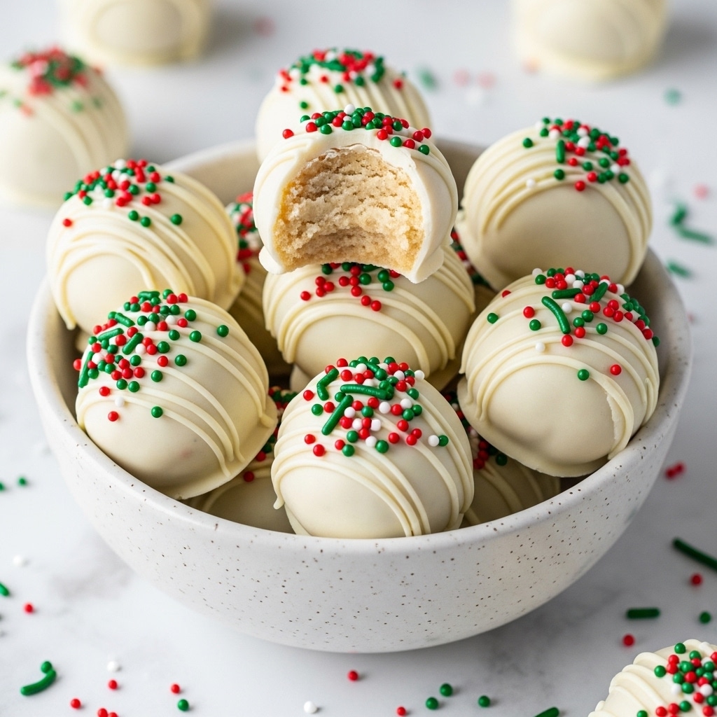 A bowl filled with white chocolate-covered round truffles, each topped with red and green small round sprinkles. One truffle on top is bitten, revealing a soft, light beige, textured inside. The bowl is white, with a speckled texture, and it sits on a white marbled surface scattered with red and green sprinkles. The truffles have a smooth outer layer of white chocolate with a creamy, light interior visible in the bitten one. Photo taken with an iphone --ar 4:5 --v 7