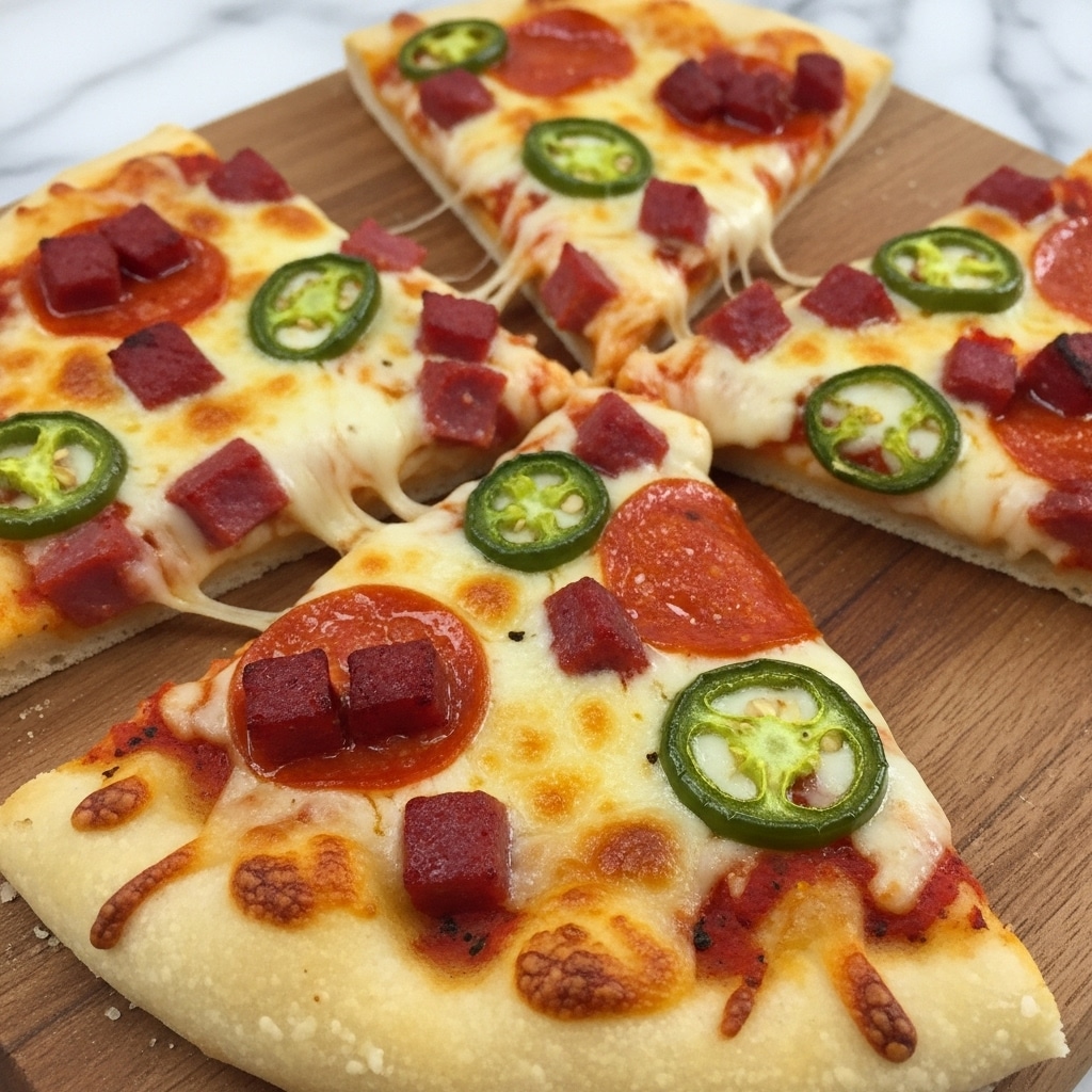 A close-up view of three pizza slices on a wooden board, each slice showing a crust that is light golden with a slightly crispy texture. The top layer is creamy melted cheese with a mix of golden spots and a smooth texture. Scattered evenly are small chunks of dark red pepperoni and slices of green jalapeño peppers, adding contrast and color. The cheese layer is thick and stretches slightly between the slices, while the crust looks soft but firm enough to hold the toppings. The background shows a white marbled texture subtly visible beneath the board. photo taken with an iphone --ar 4:5 --v 7