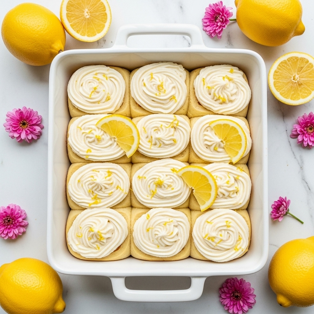 The image shows a white rectangular baking dish filled with twelve lemon rolls arranged in a 3x4 grid. Each roll is light golden brown with a thick swirl of creamy white frosting on top, sprinkled with fine lemon zest. Two lemon slices are placed on top of the rolls for decoration. The dish sits on a white marbled surface, surrounded by whole lemons, lemon halves, and pink flowers scattered around. Photo taken with an iphone --ar 4:5 --v 7