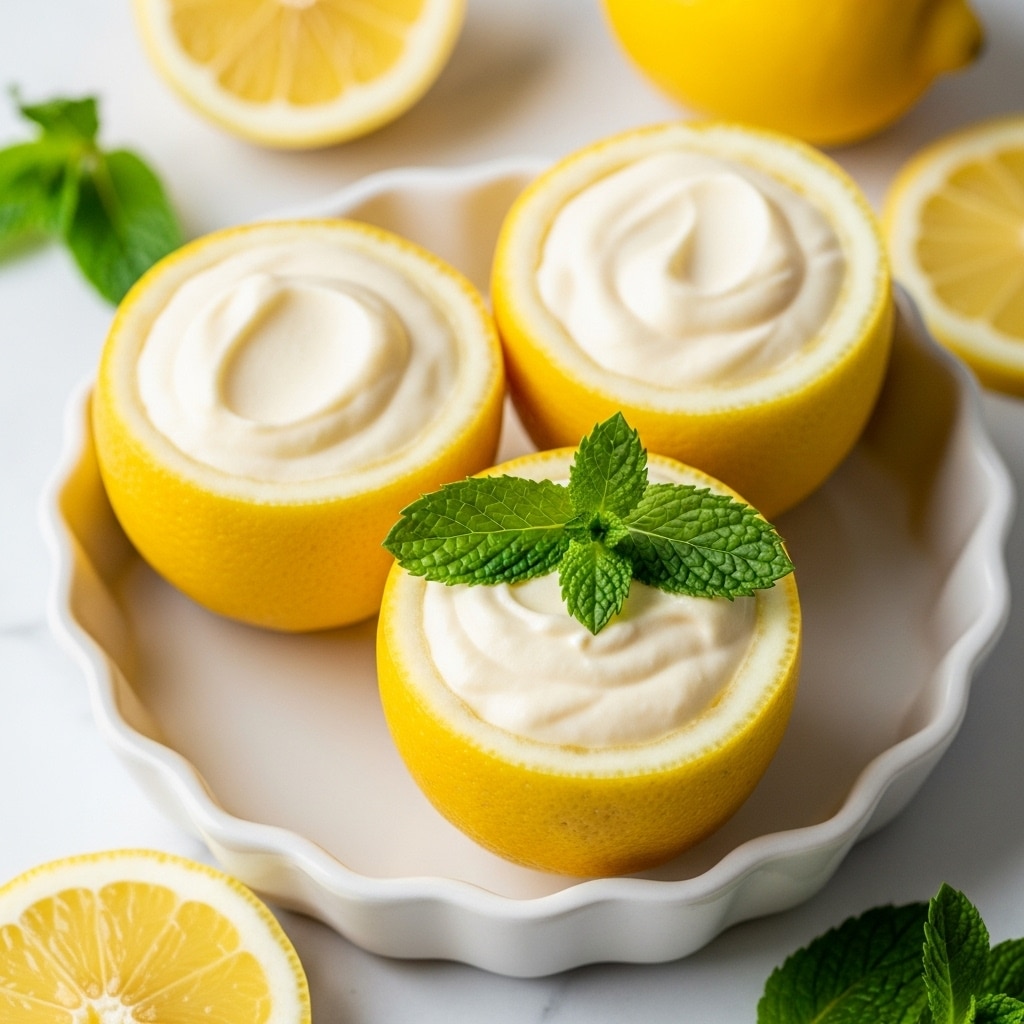 A close-up image shows three lemon halves filled with smooth, creamy pale yellow dessert, arranged in a white scalloped ceramic dish. Each lemon half has a bright yellow rind with a slightly textured surface, holding the creamy layer inside that looks soft and silky. On top of the dessert in one lemon half, there is a fresh, vibrant green mint leaf adding a pop of color. Around the lemon halves, slices of fresh lemon and some mint leaves are visible, all placed on a white marbled surface, creating a fresh and clean look. photo taken with an iphone --ar 4:5 --v 7
