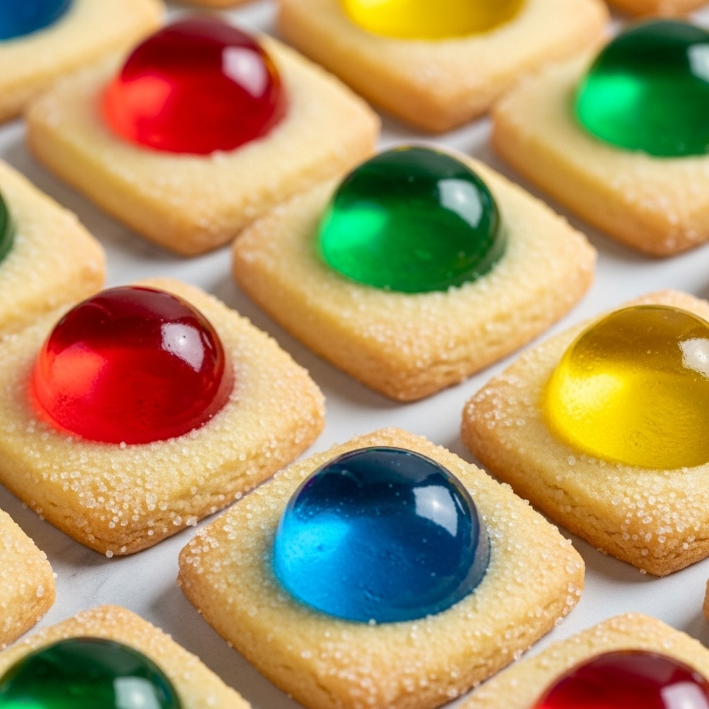 The image shows square cookies each with a thick, clear jelly-like gem in the center that is shiny and slightly raised. The cookies are a golden beige color with a sugar-coated rim around the colored jellies. The jellies come in bright, transparent colors: red, green, blue, and yellow, with light reflecting off their smooth surfaces. The cookies are arranged closely together on a white marbled texture. The overall look is clean, colorful, and detailed. photo taken with an iphone --ar 4:5 --v 7