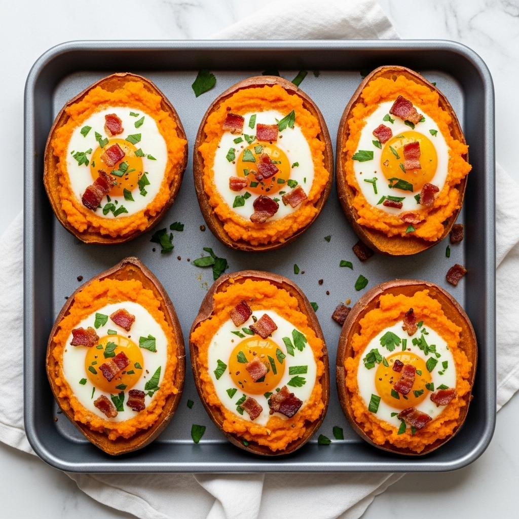 The image shows six baked sweet potato halves arranged on a gray baking tray. Each sweet potato half has three visible layers: the bottom layer is the baked sweet potato skin, the middle layer is a bright orange mashed sweet potato filling, and the top layer is a baked egg with a white cooked egg white and a bright yellow yolk in the center. Small pieces of crispy bacon and green chopped herbs are sprinkled over the egg and mashed sweet potato on each half. The tray sits on a white marbled textured surface with a white cloth partially visible under the tray. photo taken with an iphone --ar 4:5 --v 7