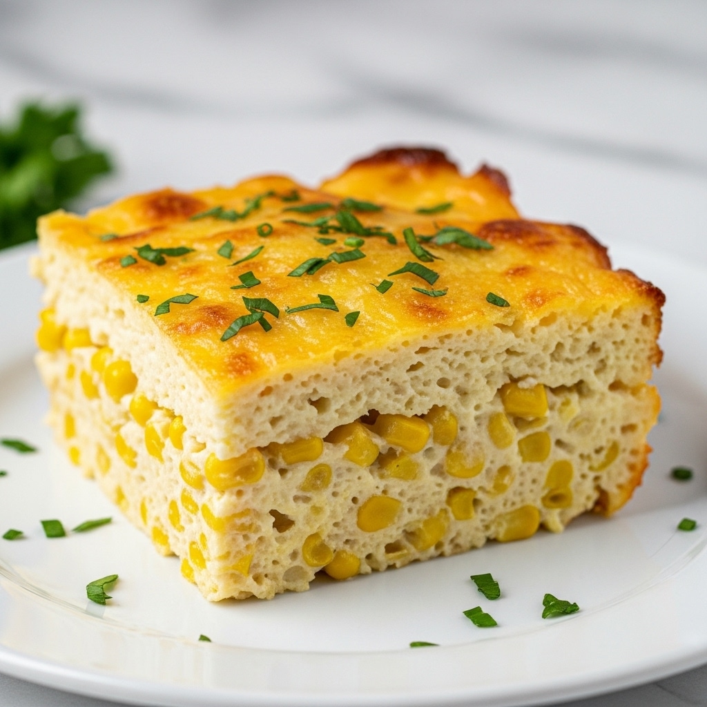 A thick square slice of creamy corn casserole sits on a white plate, showing two main layers: the base layer made of soft, cooked corn kernels in a pale yellow creamy mixture, and a slightly browned top layer with a golden, slightly crispy texture. Small chopped green herbs are sprinkled across the top and around the plate’s edges, adding color contrast. The background shows a soft-focus white marbled texture with hints of green, making the dish stand out clearly. photo taken with an iphone --ar 4:5 --v 7