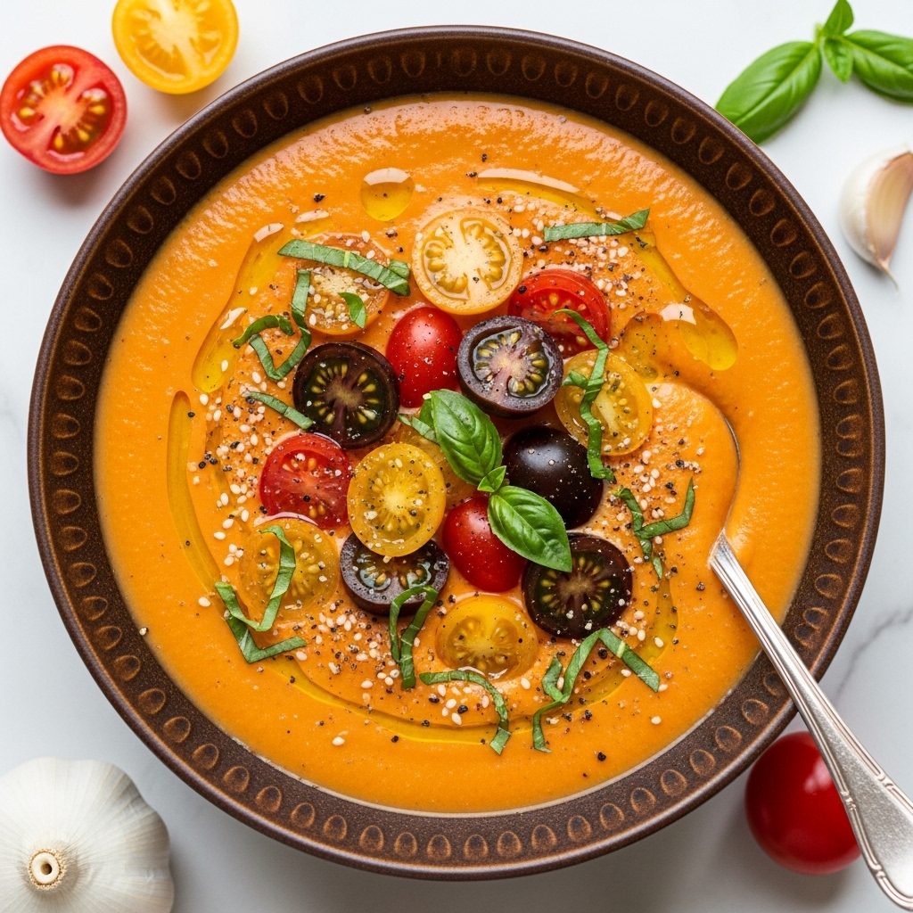 A close-up view of a creamy orange soup served in a deep, dark brown bowl with a textured rim. The soup has a smooth surface topped with an assortment of halved cherry tomatoes in red, yellow, and dark purple shades, scattered chopped green basil leaves, a drizzle of golden olive oil, and a sprinkling of white sesame seeds and black pepper. A silver spoon is partially dipped into the soup on the right side of the bowl. The bowl sits on a white marbled surface with two halved cherry tomatoes and a garlic bulb visible around it. Photo taken with an iphone --ar 4:5 --v 7