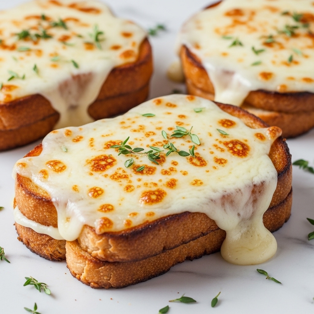 The image shows a close-up of three toasted sandwiches on a white marbled surface. Each sandwich has two thick slices of golden-brown toasted bread. The top layer of each sandwich is covered with melted, bubbly white cheese with light brown spots, which slightly spills over the edges. There are small green herb leaves, possibly thyme, scattered on top of the melted cheese and around the sandwiches on the surface. The texture of the cheese looks creamy and rich, contrasting with the crispy bread beneath. Photo taken with an iphone --ar 4:5 --v 7