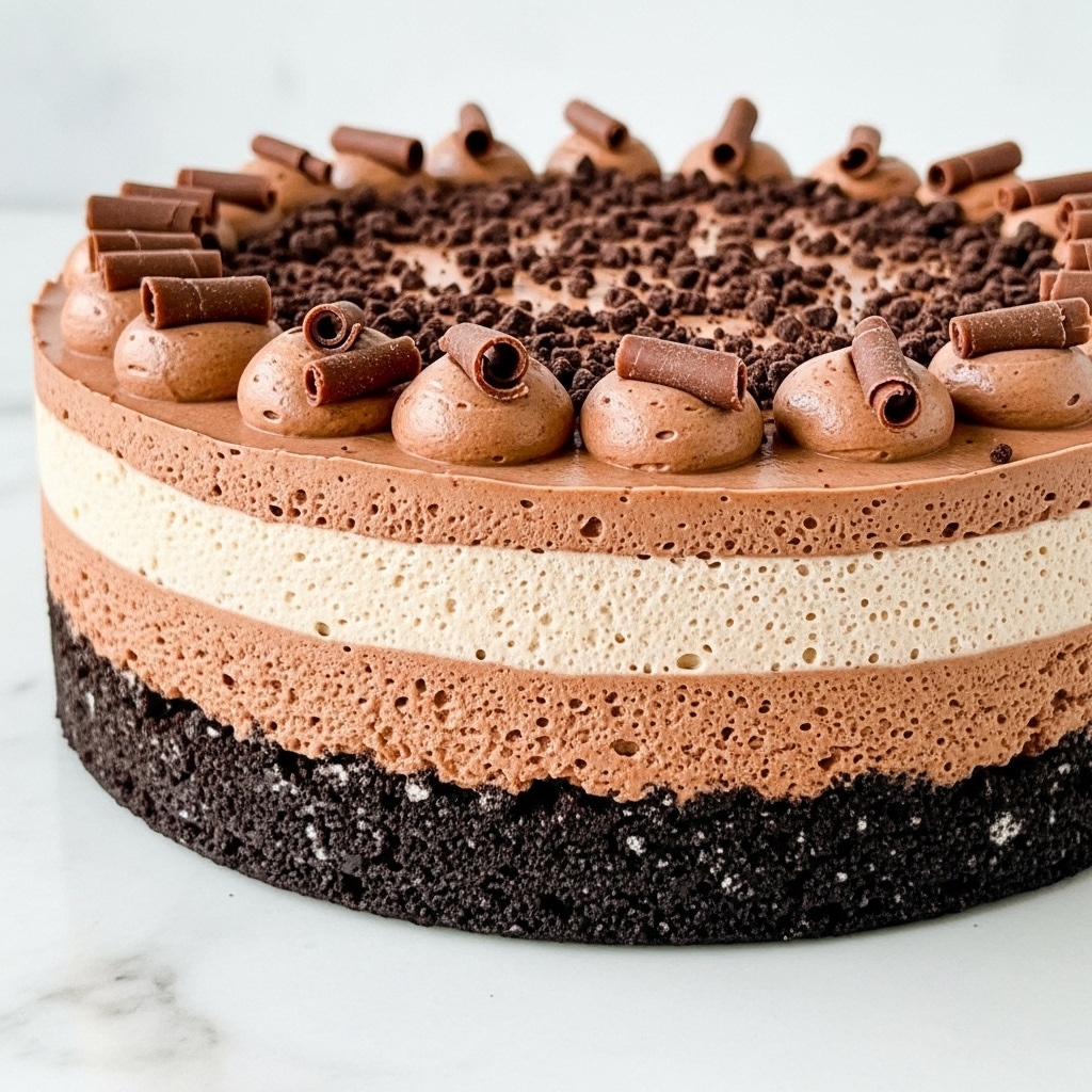 The image shows a round chocolate mousse cake with three clear layers sitting on a white marbled surface. The bottom layer is dark and crumbly, looking like crushed chocolate cookies pressed tightly together. The middle layer is thick, light brown, and creamy with an airy texture, seeming like a mousse. The top layer is a smooth, slightly darker brown chocolate cream covered with small curls of milk chocolate and tiny dark chocolate crumbs scattered across the surface. The edge of the cake is clean and the overall look is rich and soft. Photo taken with an iphone --ar 4:5 --v 7