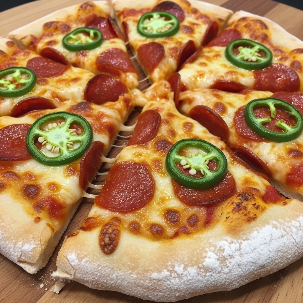 A close-up view of a pizza cut into slices, placed on a wooden board. The pizza has a thick, golden crust with a light dusting of flour on the edges. The first layer is a melted cheese base that shines with a golden-brown, bubbly texture spread evenly across. Scattered on top are small, dark red pepperoni pieces that look slightly crispy, and light green jalapeño slices with visible seeds, adding a fresh pop of color. The cheese shows some browned spots, giving a baked and slightly crispy look in some areas. Photo taken with an iphone --ar 4:5 --v 7