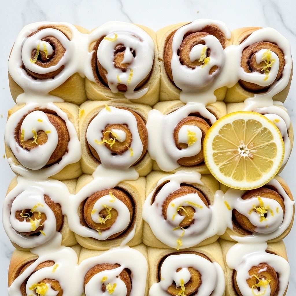 A close-up view of soft, golden-brown cinnamon rolls tightly packed together, each topped with thick, creamy white icing that spreads unevenly over the spirals of dough, showing some of the baked rolls underneath. Small pieces of bright yellow lemon zest are scattered on top of the icing, adding color and texture. On the right side, there is a thin, round slice of lemon placed flat on the rolls. The background is a white marbled texture. photo taken with an iphone --ar 4:5 --v 7