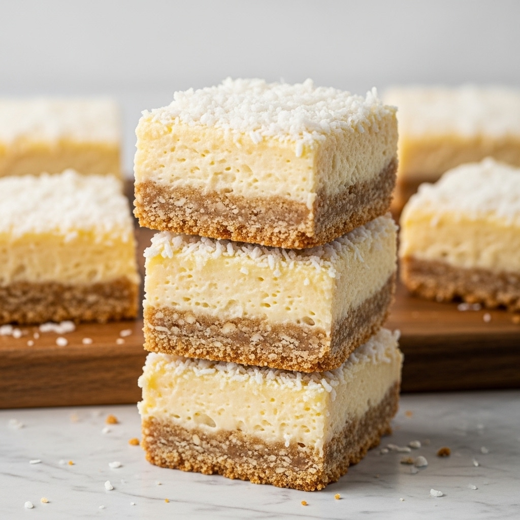 The image shows a stack of three square dessert bars on a round wooden board, placed on a white marbled surface. Each bar has three visible layers: the bottom layer is a light brown crumbly crust, the middle layer is a thick, creamy pale yellow filling, and the top layer is a slightly lighter crumbly layer sprinkled with shredded white coconut flakes. The texture of the bars looks soft and moist with a grainy surface on the crusts. The bars are closely stacked, with the top two bars slightly tilted, showing the layers clearly. Photo taken with an iphone --ar 4:5 --v 7